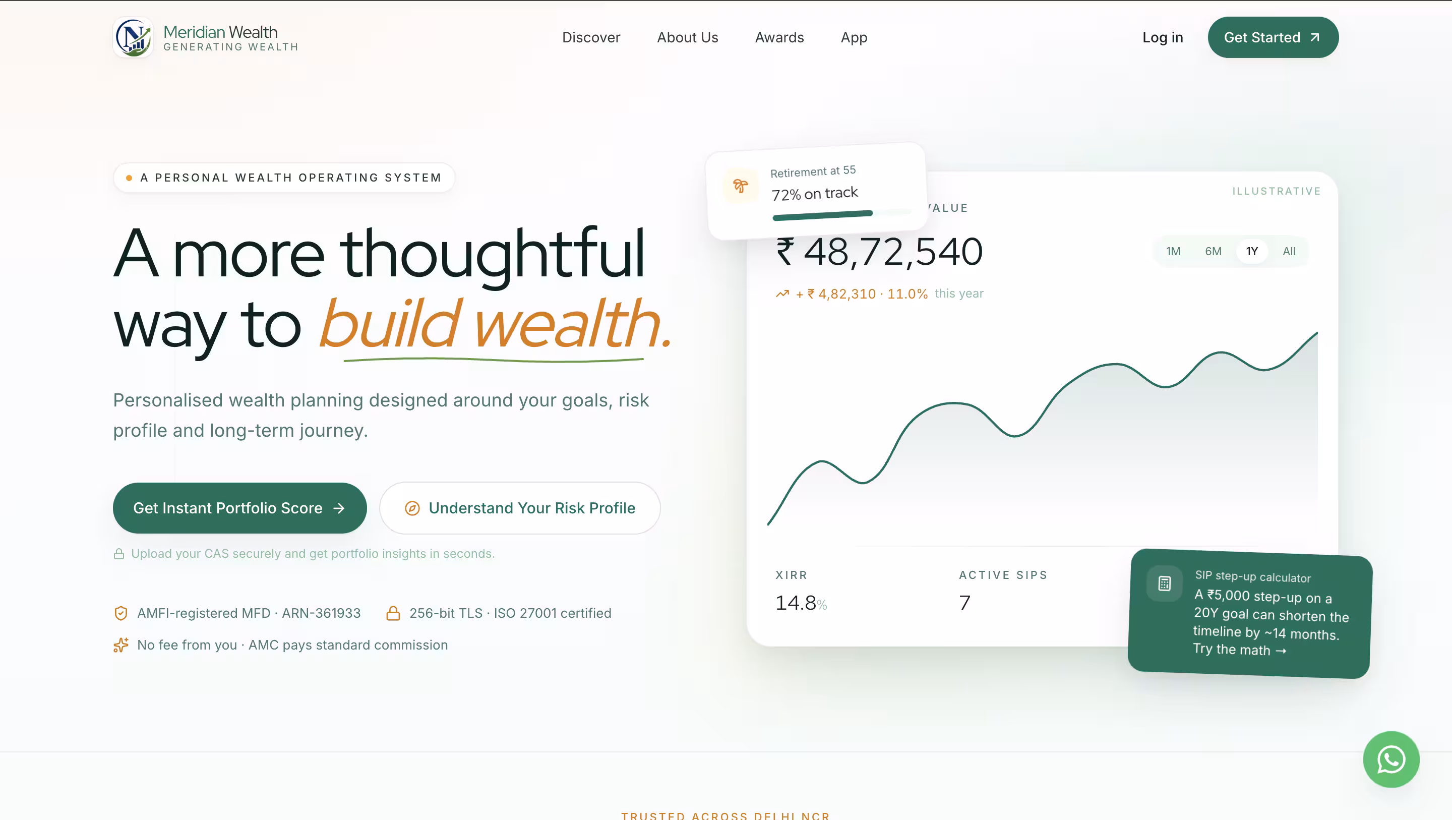 Meridian Wealth — Forest Green/Gold wealth website screenshot