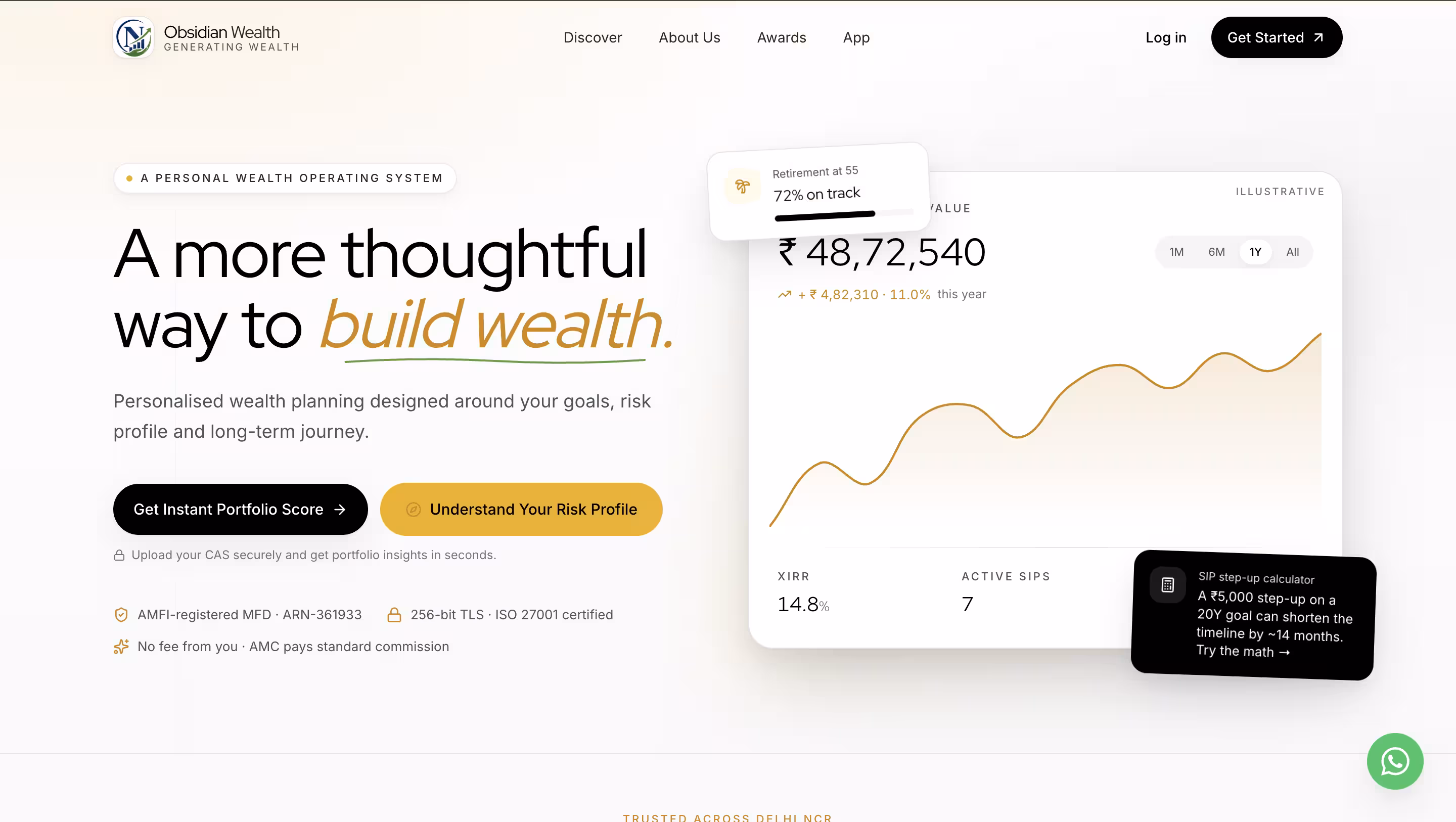 Obsidian Wealth — Black/Platinum premium wealth website screenshot