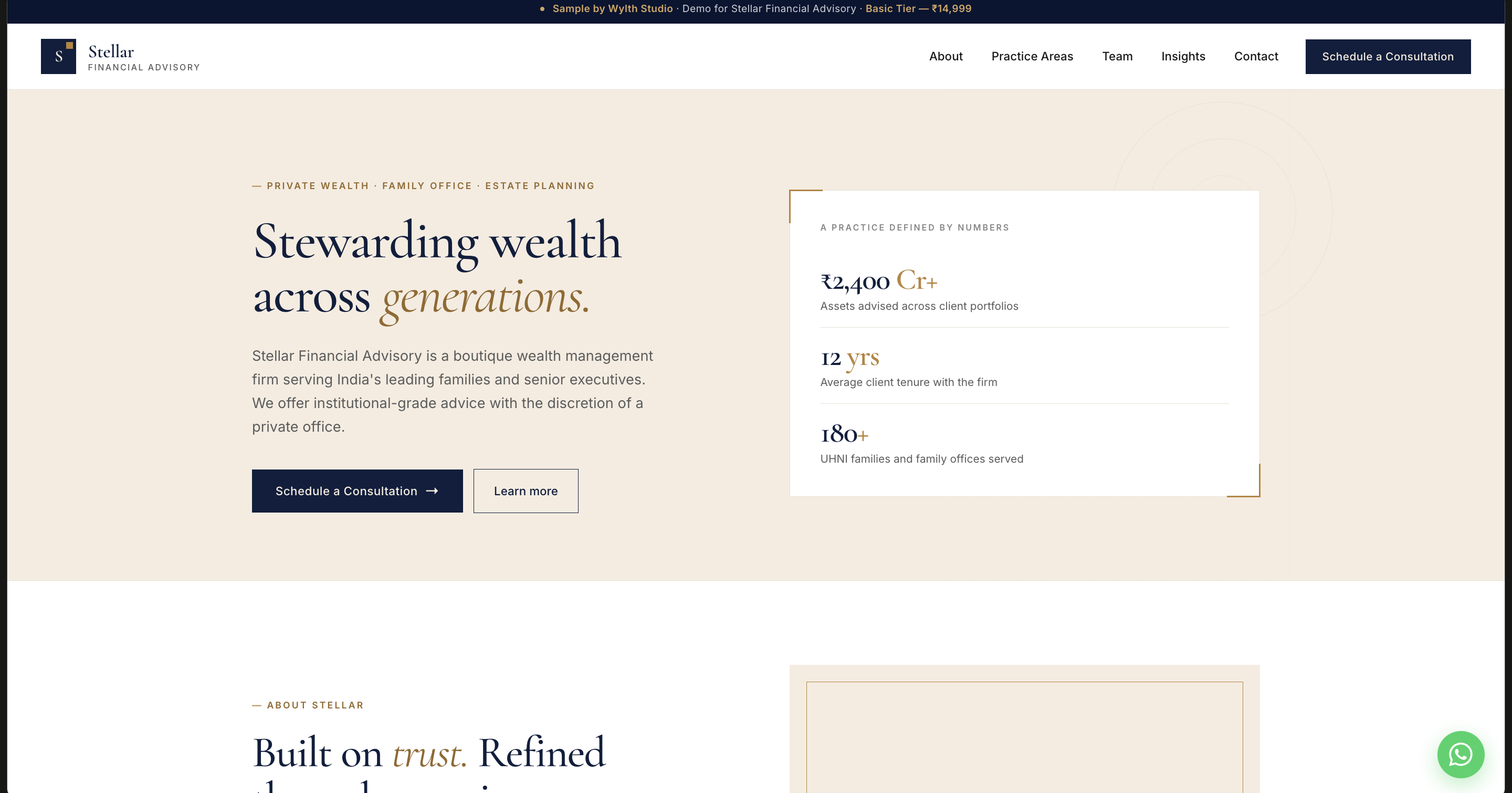 Stellar Financial Advisory — Cream/Navy/Gold live website screenshot